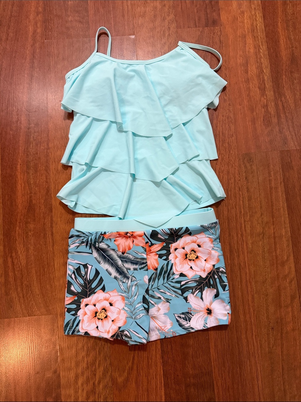 Girls Light Blue Ruffle Tankini Top & Floral Swim Shorts